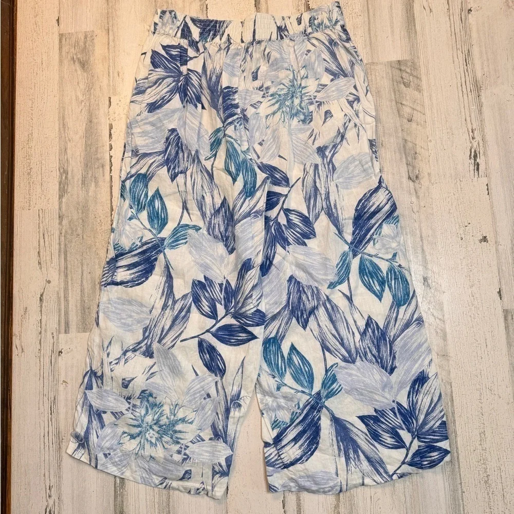 C&C California Cropped Wide Leg Linen Pants Blue Floral Tropical Large